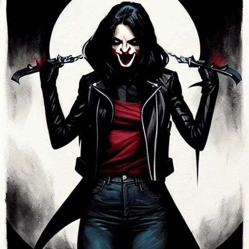 Prompt: rafael albuquerque comic art, peter mohrbacher, steve niles, artgerm, pretty willa holland vampire sharp vampire teeth open mouth, symmetrical eyes, black leather jacket, jeans, long blonde hair