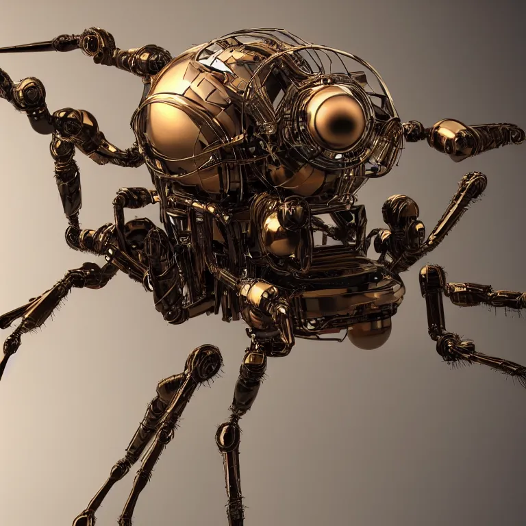 Image similar to a close up of an beautiful steampunk robotic spider inspired, unreal engine realistic render, high detailed face, photorealism, golden ratio, hyper - realistic 3 d, insanely super detailed, realistic octane render, 1 6 k, fashion photography, micro detail, backlit lighting, face in focus, subsurface scattering, thin porcelain