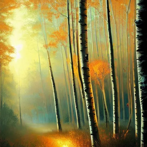 Image similar to beautiful painting of an Aspen forest at sunset, digital art, award winning illustration by greg rutkowski, golden hour, smooth, sharp lines, concept art, trending on artstation