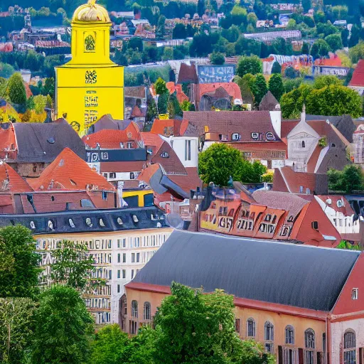 Image similar to a large yellow building with a steeple on top of it, a flemish baroque by karl stauffer - bern, unsplash, heidelberg school, panorama, wimmelbilder, nikon d 7 5 0