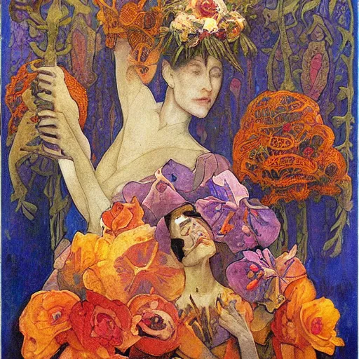 Prompt: the queen of flowers and bones, by Annie Swynnerton and Nicholas Roerich and Diego Rivera, bioluminescent skin, elaborate costume, geometric ornament, symbolist, cool colors, smooth, sharp focus, extremely detailed