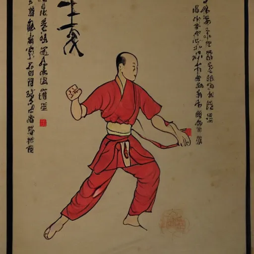 Image similar to yi jin jing posture in huang di nei jing chinese medical kung fu diagram, old manuscript, ancient information, many kung fu illustrations