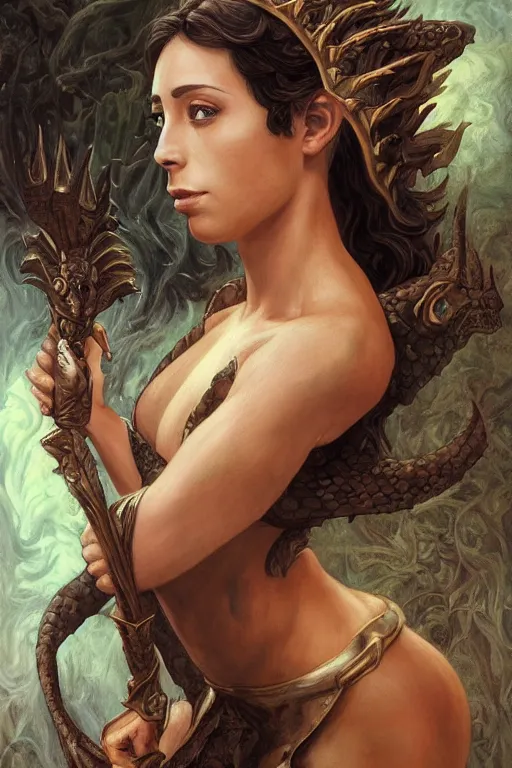 Image similar to A fantasy comic book style portrait painting of, hybrid, Oona Chaplin, Cory Chase, as an Atlantean, Reptilian Warrior, Mystical Valkyrie, François Boucher, Oil Painting, unreal 5, DAZ, hyperrealistic, octane render, Regal, Refined, Detailed Digital Art, RPG portrait, Michael Cheval, William-Adolphe Bouguereau, Walt Disney (1937), Steampunk, dynamic lighting, Highly Detailed, Cinematic Lighting, Unreal Engine, 8k, HD