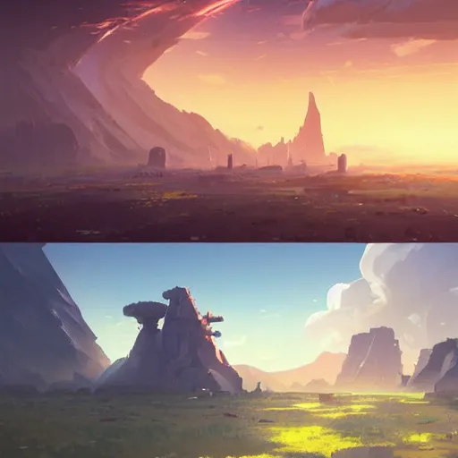 Image similar to the remains of a deserted planet. ruins, seen from space. clean sharp digital art, environment concept art, by rossdraws, ghibli, breath of the wild, greg rutkowski