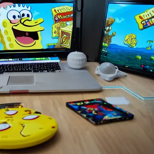 spongebob playing games on computer, dslr photo, high, Stable Diffusion