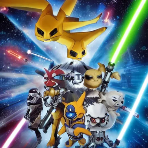 Image similar to digimon as starwars characters in the star wars universe on the death star with light sabers movie still, cinematic, photorealistic, extreme detail, sharp focus, 8 k, intricate, hyper detailed, realistic, cinematic lighting