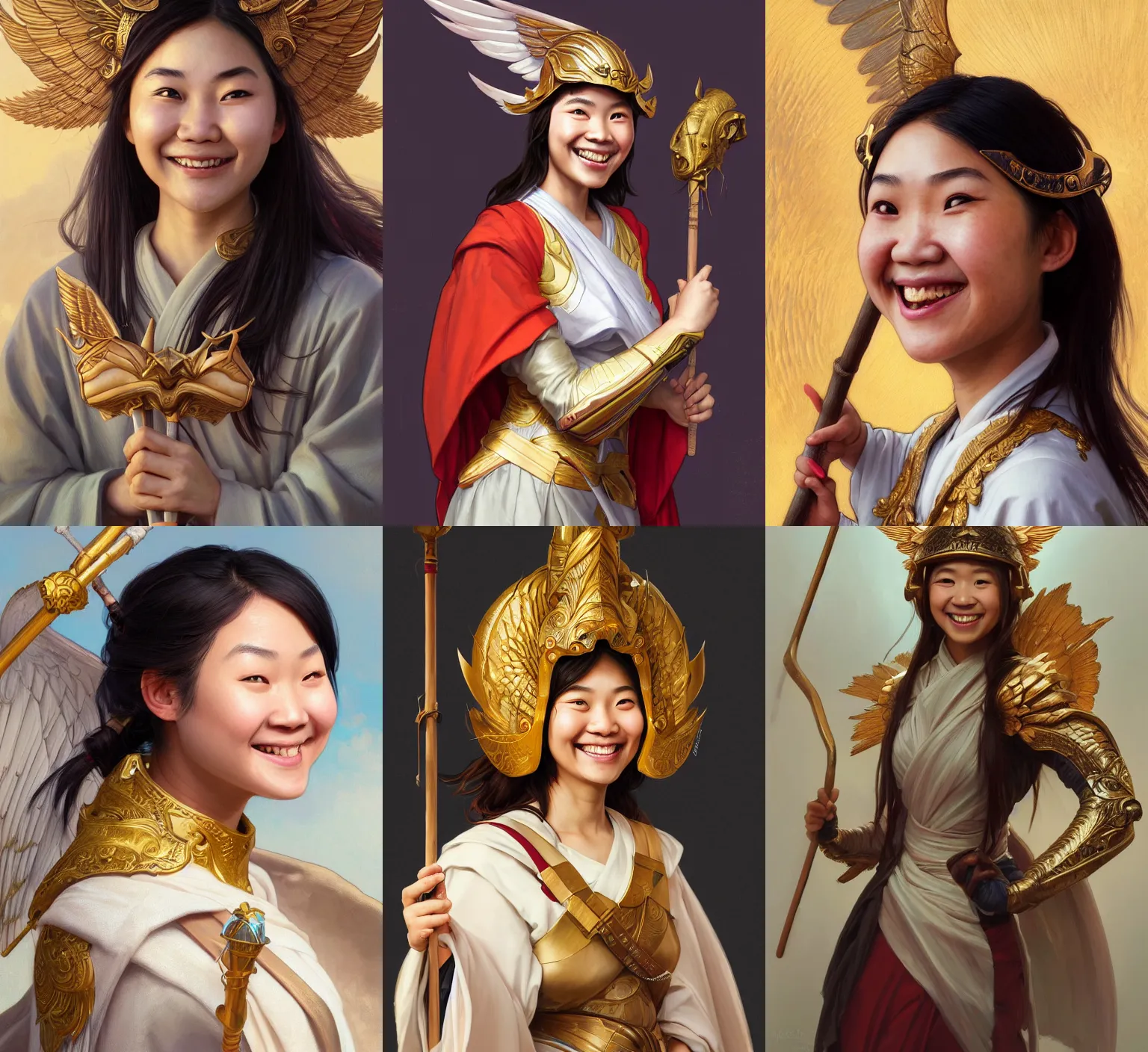 Prompt: Close-up portrait of funny smiling young asian woman wearing a winged helmet, holding a staff and wearing a robe with shoulders exposed, portrait, highly detailed, digital painting, artstation, concept art, sharp focus, illustration, art by artgerm and greg rutkowski and alphonse mucha