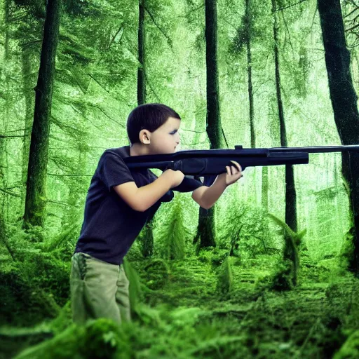 Image similar to in a background horror green forest, in foreground boy with shotgun, 8 k, ultra detailed