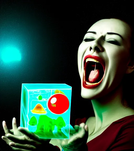 Image similar to biomorphic woman screaming with joy inside a gelatinous cube of aspic of electronics, extremely detailed masterpiece, atmospheric, shadowy, cinematic, digital art, 4 k