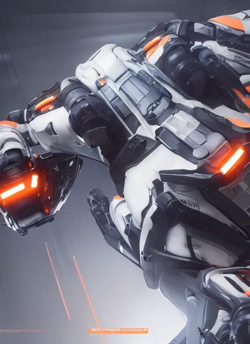 Image similar to a Photorealistic dramatic hyperrealistic full frame render of a Sleek futuristic exosuit Freedom Formula Racing Mech,Ultra realistic details,glossy white metal,Orange racing stripes,weathered surfaces,by Hidetaka Tenjin,Yoh Yoshinori,Yoji Shinkawa,Masamune Shirow,Beautiful dramatic dark moody tones and lighting,cinematic atmosphere,studio lighting,shadows,dark background, Octane render,8K