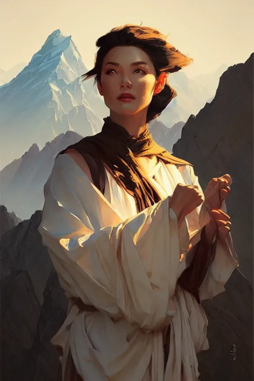 Image similar to mountain, taoism, painting by greg rutkowski, j. c. leyendecker, artgerm