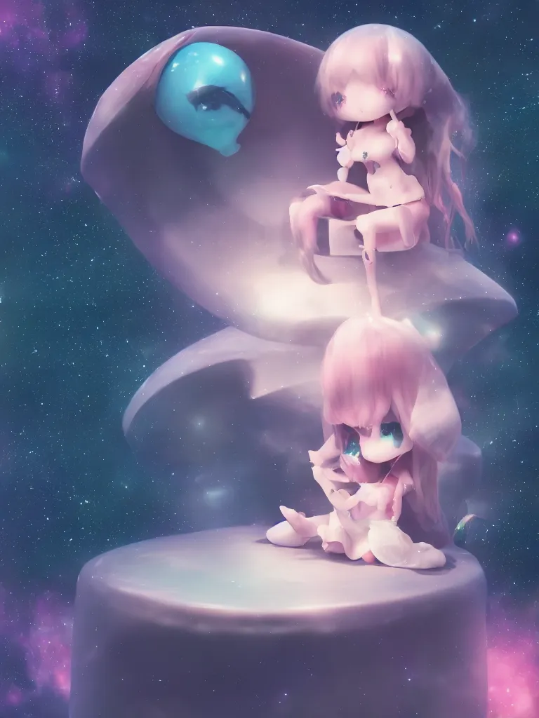 Image similar to cute fumo plush gothic maiden alien girl sitting on a small island floating in the dark galactic abyss, heart eyes, vignette, vray