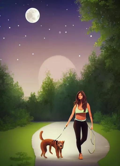 Prompt: young beautiful brown woman walking her dog in a park at night with a full moon, illustration, photoreal, fantasy