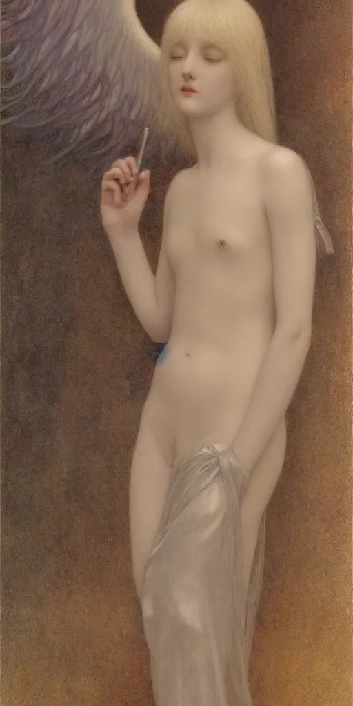 Image similar to Say who is this with silver hair so Wan and thin? Adorable feminine angel in the style of Jean Delville, Lucien Lévy-Dhurmer, Fernand Keller, Fernand Khnopff, oil on canvas, 1921, 4K resolution, aesthetic, mystery