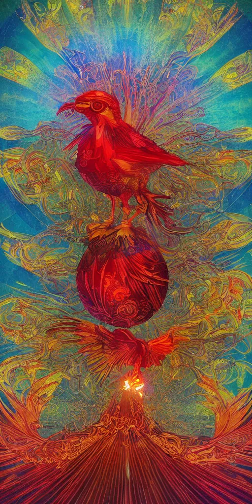 Image similar to the solarpunk phoenix, red bird, ornate egg, regeneration, landscape, epic composition, volumetric light, bokeh, inspired by monet and by alphonse mucha