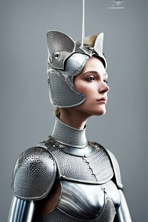 Image similar to female knight wearing a real cat on her head, armor designed by wayne barlowe, swarovski and tiffany, blonde hair, symmetry, sci - fi, cinematic, elegant, luxury, perfect light, perfect composition, dlsr photography, sharp focus, dark fantasy, 4 k, ultra hd, sense of awe, highly detailed, realistic, intricate