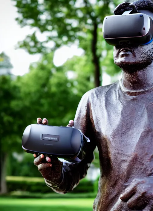 Image similar to photo still of a bronze statue of a man gaming in vr in a park on a bright sunny day, 8 k 8 5 mm f 1 6