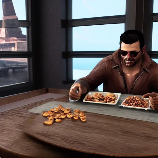 Image similar to jc denton from deus ex videogame eats cereal at a table near liberty island, highly detailed, 4 k, hd