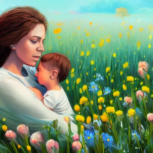 Prompt: A mother and child in a field of flowers, serene, digital painting, artstation, close up, details, sharp focus, illustration, By Ross draws