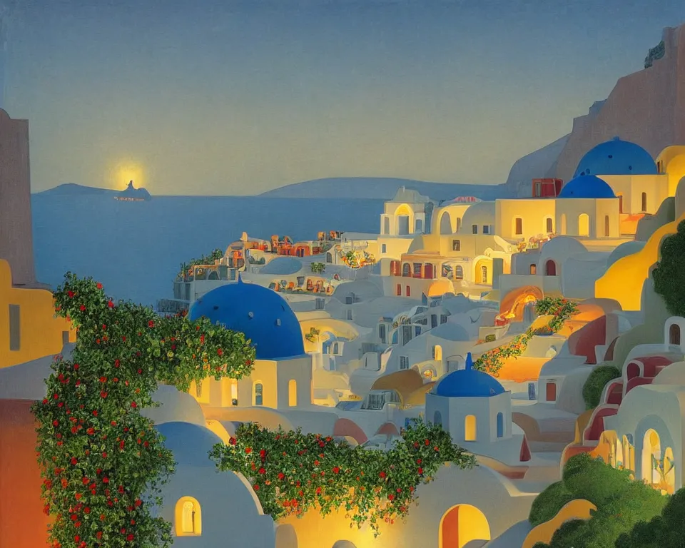 Prompt: an achingly beautiful print of a vibrant greek four seasons hotel, lit by glowing lanterns and covered in ivy, on the shores of Santorini by Raphael, Hopper, and Rene Magritte. detailed, romantic, trending on artstation.