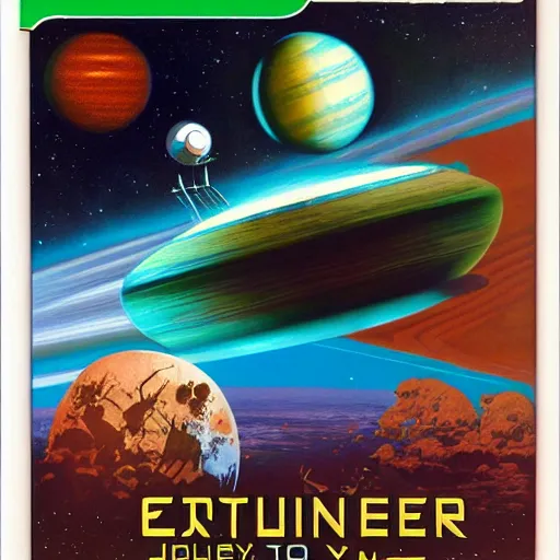 Prompt: video game box art of a commodore 6 4 game called journey to jupiter, 4 k, highly detailed cover art.