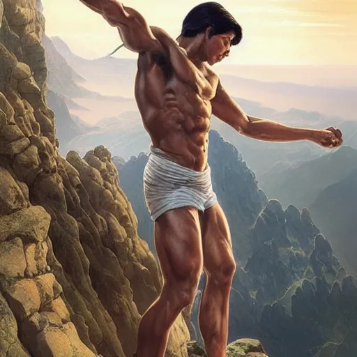 Image similar to ultra realistic illustration, a very tall and muscular gigachad bongbong marcos flexing on top of a mountain, intricate, elegant, highly detailed, digital painting, artstation, concept art, smooth, sharp focus, illustration, art by artgerm and greg rutkowski and alphonse mucha