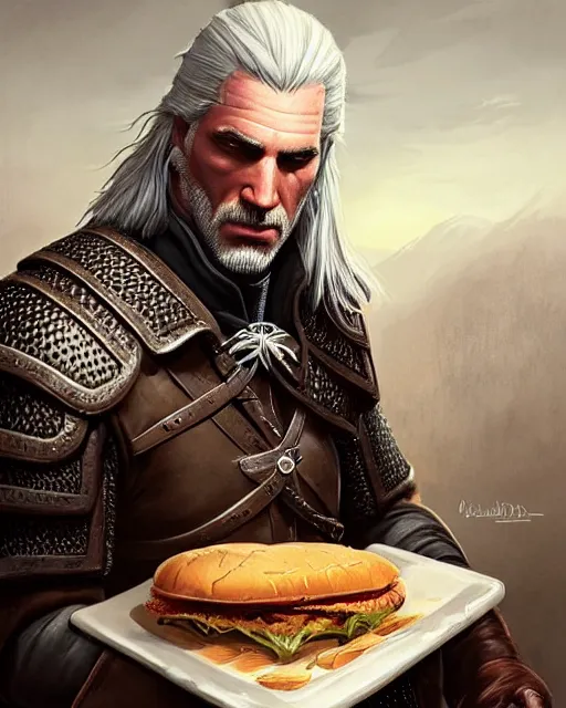 Prompt: portrait of geralt of rivia preparing to eat a hamburger, fantasy, intricate, elegant, highly detailed, digital painting, artstation, concept art, smooth, sharp focus, illustration, by artgerm and greg rutkowski