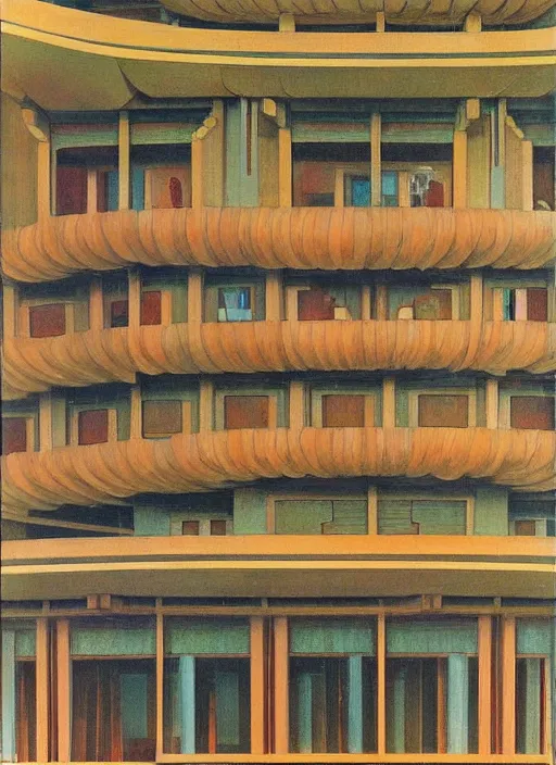 Prompt: a beautiful Frank Lloyd Wright painting of a serene neo-andean architecture with curly tall windows, spherical balconies, tiny human figures climbing, by Ivan Bilibin, geometric