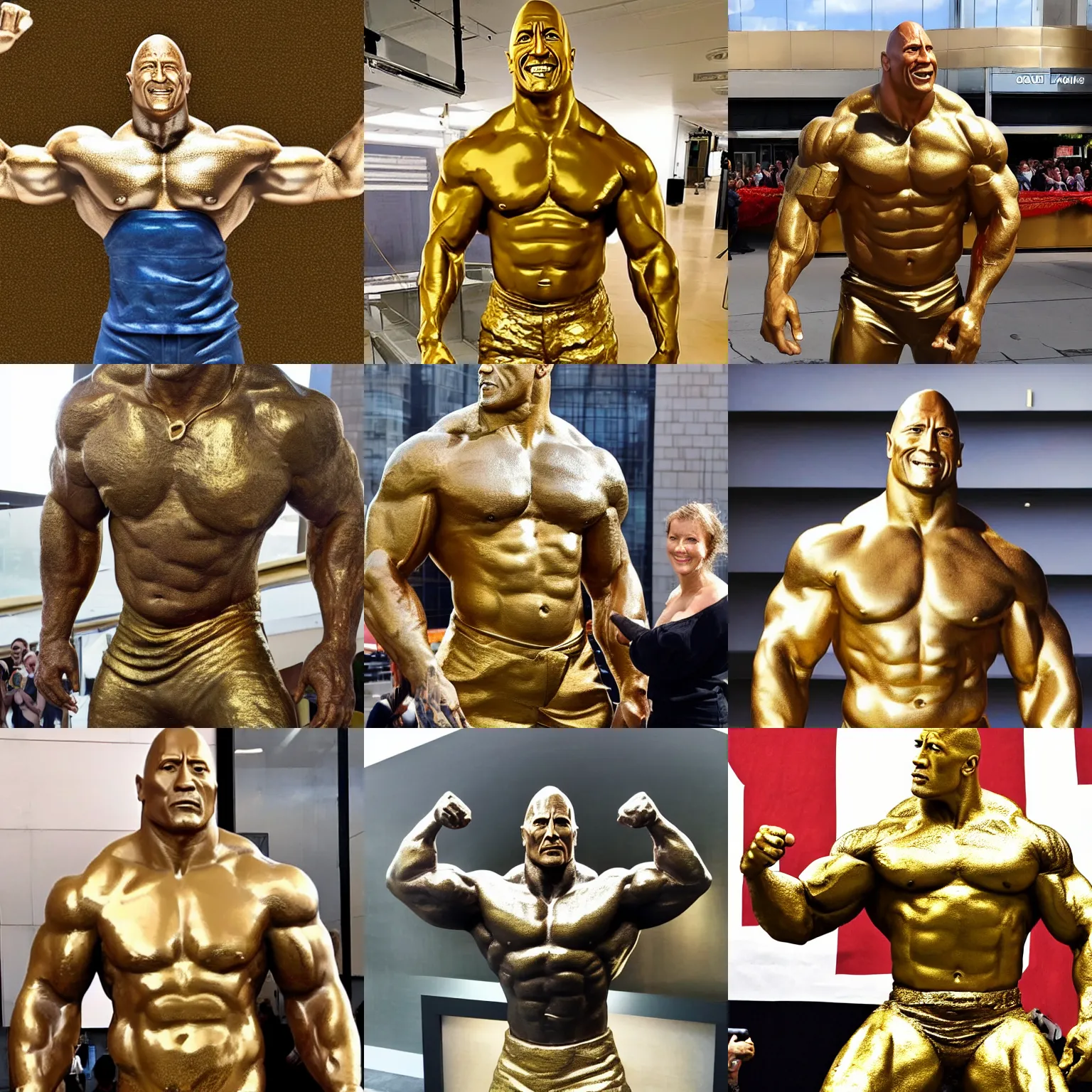 Prompt: a statue of dwayne johnson made out of gold