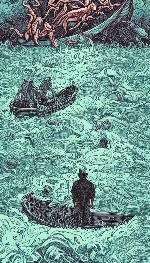 Image similar to man on boat crossing a body of water in hell with creatures in the water, sea of souls, by dan mumford