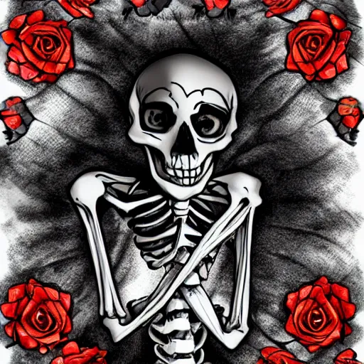 Image similar to a skeleton biting a rose, sinister, detailed