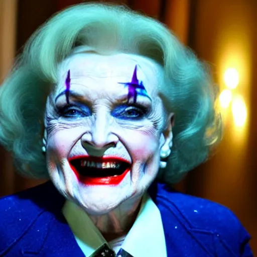 Image similar to stunning awe inspiring betty white as the joker, movie still 8 k hdr atmospheric lighting