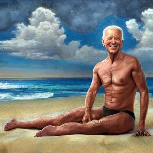 Image similar to hyperrealistic mixed media high resolution painting of a Joe Biden posing on a beach wearing a bikini, body of old man, stunning 3d render inspired art by István Sándorfi and Greg Rutkowski and Unreal Engine, perfect symmetry, dim volumetric lighting, 8k octane beautifully detailed render, post-processing, extremely hyper-detailed, intricate, epic composition, highly detailed attributes, highly detailed atmosphere, cinematic lighting, masterpiece, trending on artstation, very very detailed, masterpiece, stunning, flawless structure, lifelike texture, perfection,