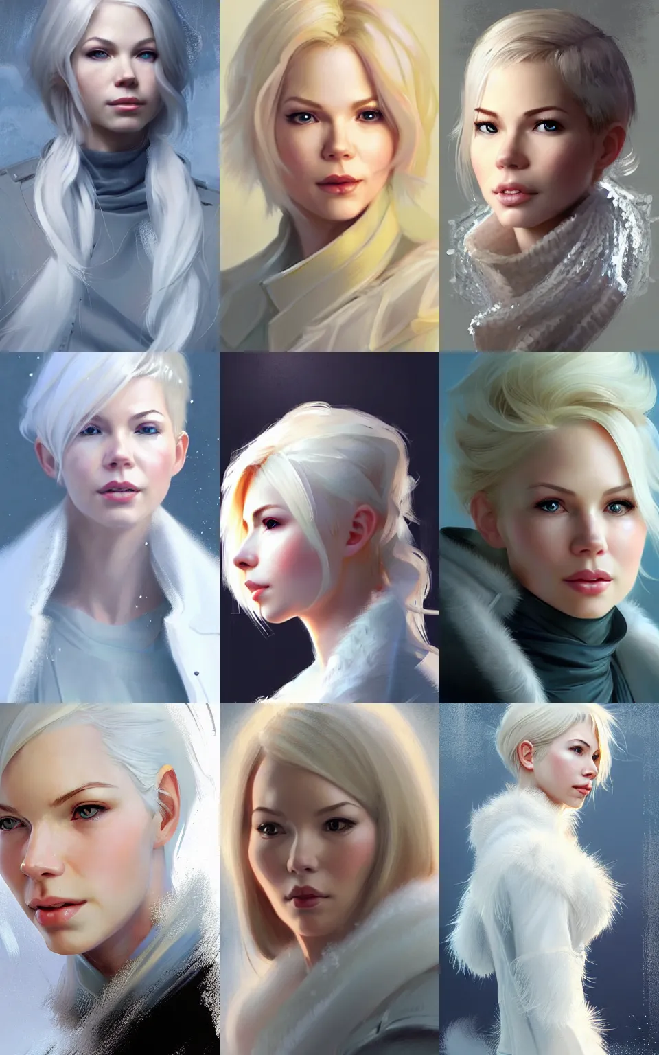 Prompt: character concept portrait, michelle williams covered in ice, wearing a white winter coat, blond hair, style digital painting, concept art, smooth, sharp focus, illustration, from metal gear, by ruan jia and mandy jurgens and william - adolphe bouguereau, artgerm