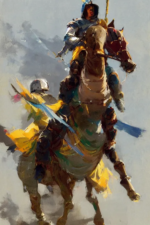 Prompt: close - up portrait of colorful rider pointing jousting lance at camera, caparisons, chainmail, by greg manchess, bernie fuchs, ruan jia, walter everett