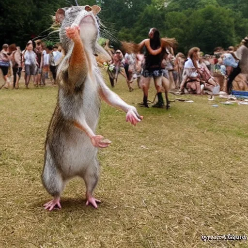 Prompt: Rodent dancing at ozora festival, by Esao Andrews