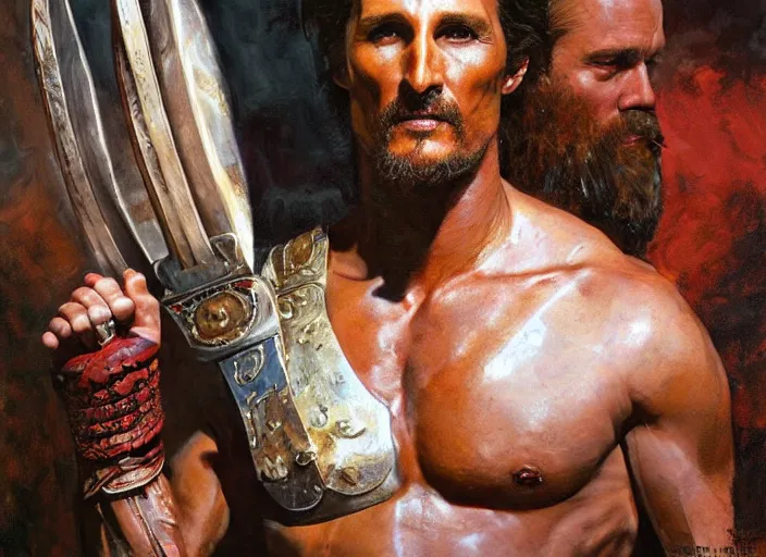 Prompt: a highly detailed beautiful portrait of matthew mcconaughey as kratos, by gregory manchess, james gurney, james jean