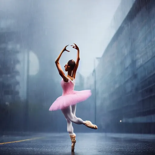 Image similar to portrait of a ballerina dancing in the rain, cinematic light and reflections, beautiful dreamy lighting,