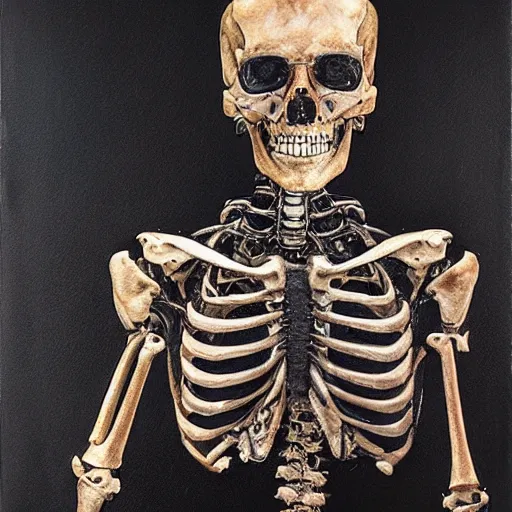 Image similar to terminator skeleton, looking away from camera, framed painting, hyperrealism vrubel