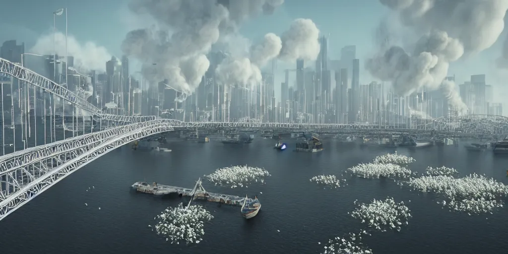 Image similar to explosions in the form of realistic white cotton plants on harbour bridge, huge white cotton everywhere on the destroyed harbour bridge, smooth, sharp focus, highly detailed, 3 d octane render, epic lighting, lots of white cotton, 8 k