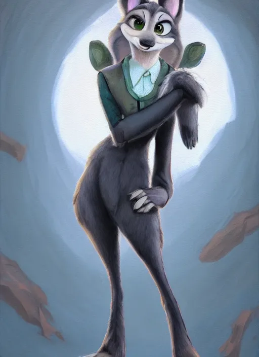 Image similar to oil painting of detailed full body of anthromorphic female wolf, in style of zootopia, zootopia, zootopia, fursona, furry, furaffinity, 4 k, deviantart, furry art, fursona art, wearing black business suit, business suit, in style of zootopia, wolf fursona, cyberpunk, female, expressive detailed feminine face,