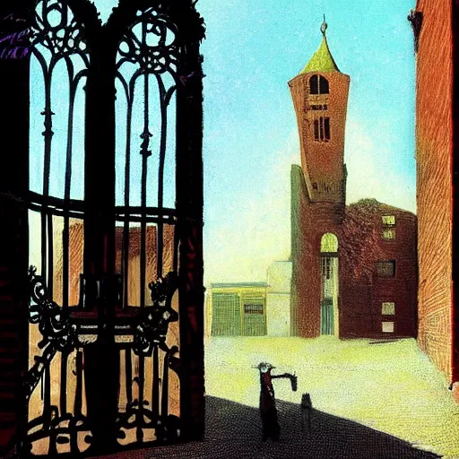 Image similar to cloaked detective walking into open wrought iron gates of a mental asylum, a menacing tower looms over the courtyard, and an evening sun bathes the cobblestone in a warm glow by Francis Bacon, fantasy, victorian theme