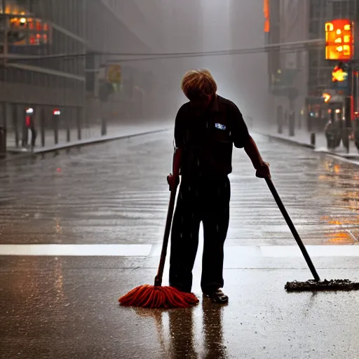Prompt: closeup portrait of a cleaner with a mop fighting puddles in rainy new york street, by Steve McCurry and David Lazar, sun rays, studio light, detailed face, CANON Eos C300, ƒ1.8, 35mm, 8K, medium-format print