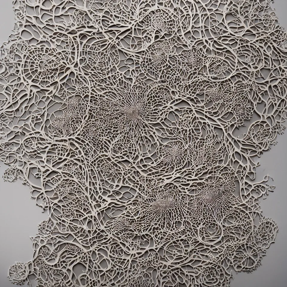 Prompt: 3 d print of laser - cut paper sculptures of intricate microorganisms and forms with texture and pattern of coral bacteria microbes, bio sculpture by ernst haeckel, rogan brown, labyrinth, 8 k, hd, graphical, detailed, trending in art station