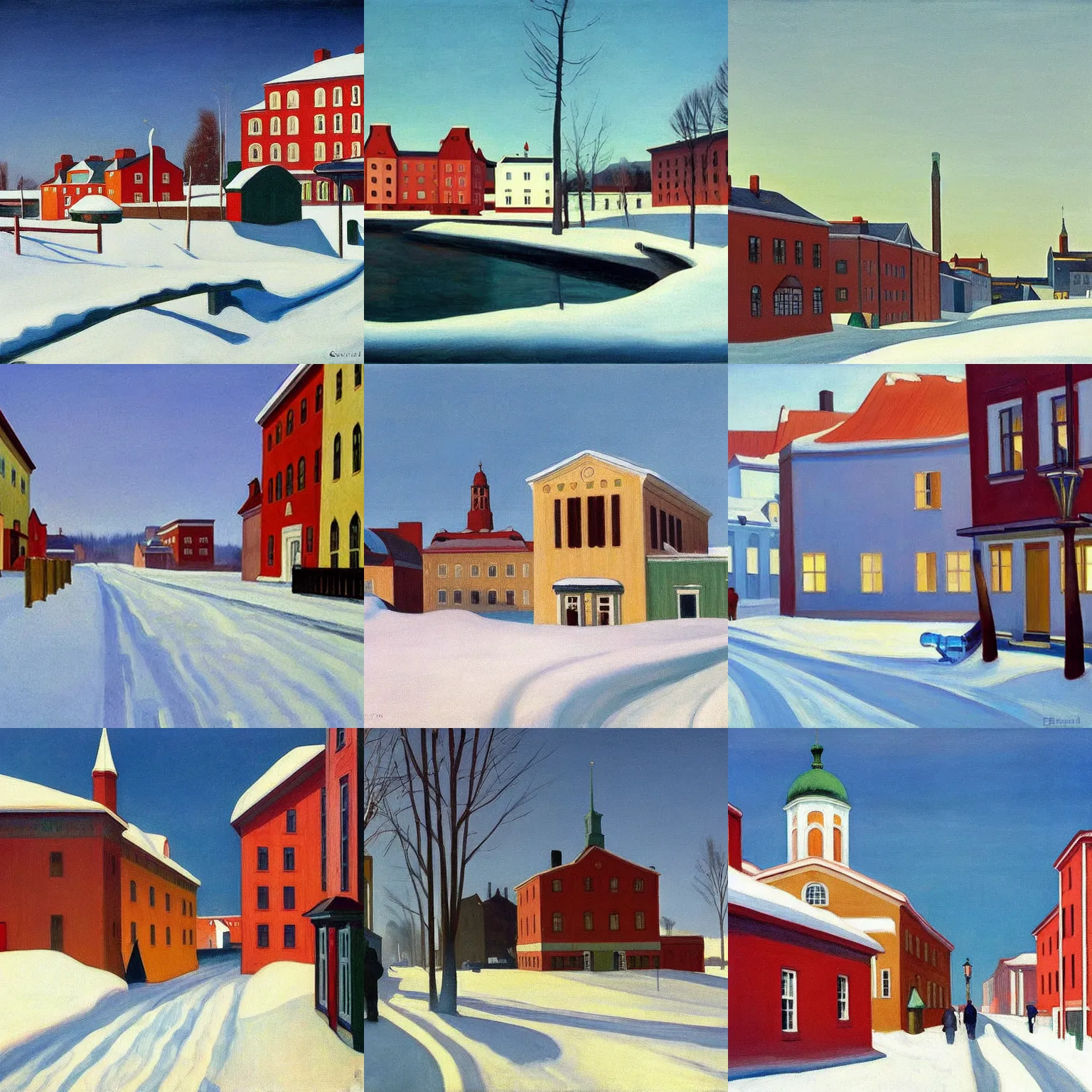 Prompt: a peaceful view of a finnish town in winter, painting by edward hopper