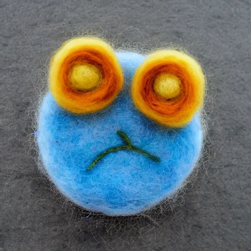 Prompt: a bread toast wearing eyeglasses and a blue flower, needle felting art