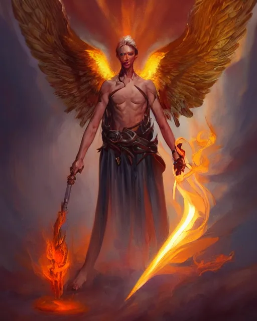 Prompt: character portrait of a male angel of justice with golden wings of flame, by peter mohrbacher, mark brooks, jim burns, marina abramovic, wadim kashin, greg rutkowski, trending on artstation