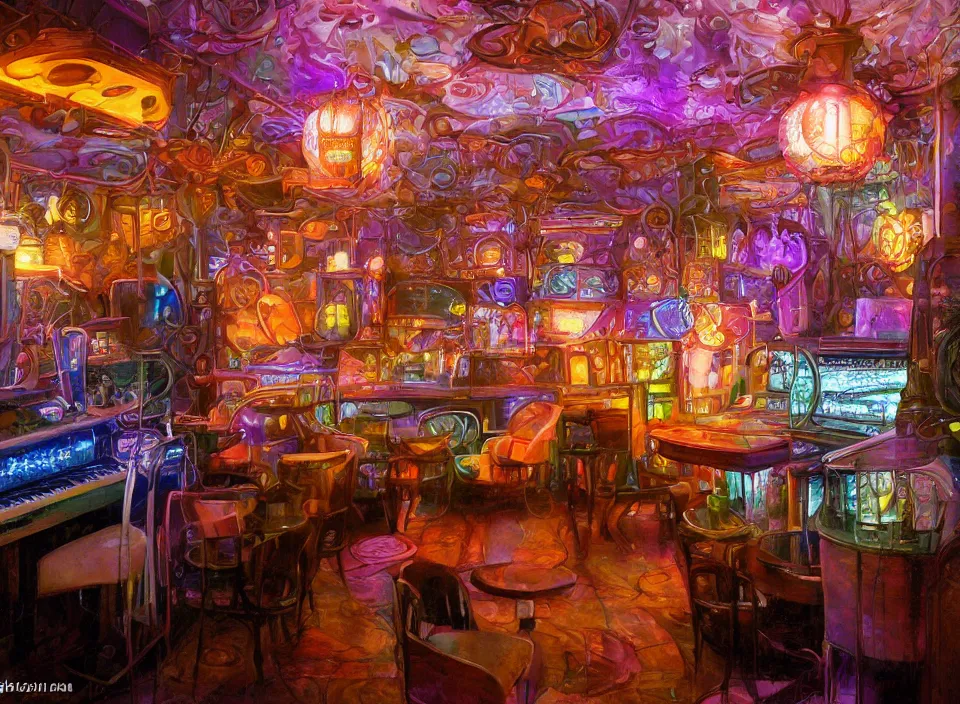 Image similar to telephoto 7 0 mm f / 2. 8 iso 2 0 0 photograph depicting the experience of chrysalism in a cosy cluttered french sci - fi ( art nouveau ) cyberpunk bar in a pastel dreamstate art cinema style. ( terrarium, computer screens, window ( city ), leds, lamp, ( ( ( piano ) ) ) ), ambient light.