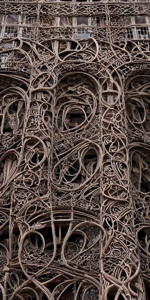 Prompt: a professional photograph of a very beautiful beautiful modern building by Louis Sullivan and H.R. Giger covered in copper and ironwork vines, deep crevices of stone, Chiaroscuro, layers of colorful reflections, rusticated stone base, rusticated stone base, rusticated stone base, a dramatic sky, crowds of people climb the building, a dramatic sky, crowds of people , Sigma 75mm, ornate, very detailed, Symmetrical composition, centered, intricate, panoramic, Dynamic Range, HDR, chromatic aberration, Orton effect, 8k, photo by Marc Adamus, painting by Jeremy Mann, cinematic, vignette, vignette tilt-shift, bokeh , artstation