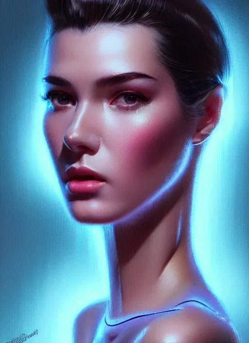 Prompt: photorealistic portrait of female humanoid, highly intricate, retro 6 0 s fashion, elegant, highly detailed, crispy quality and cyber neon light reflections, trending in artstation, trending in pinterest, glamor pose, concept art, sharp focus, art by artgerm and greg rutkowski